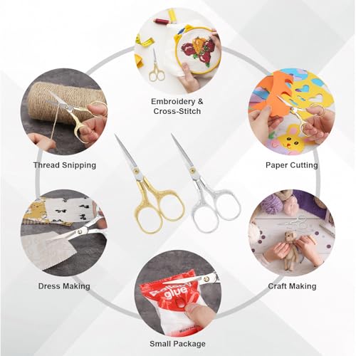 Small Embroidery Scissors,Set of 2 Sewing & Craft Scissors for Precision Cutting,Stainless Steel Fabric Paper Scissor,Gold & Silver