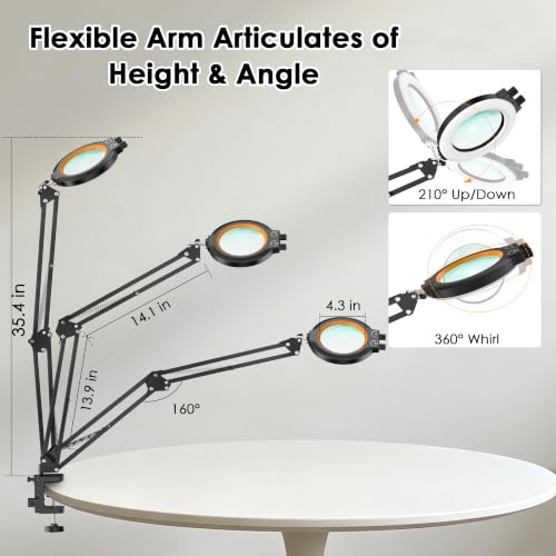 12X Magnifying Glass with Light and Stand Hands Free, Long Swing Arm Desk Magnifying Light with Clamp for Close Work, Dimmable Lighted Magnifier Lamp for Soldering Craft Jewelry Bench Sewing