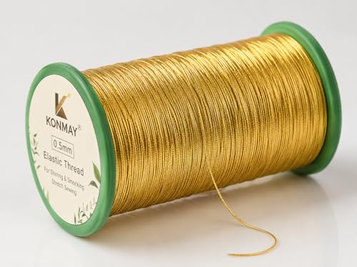 KONMAY 0.5MM Metallic Gold Elastic Sewing Thread(440 Yards)- Stretch Shimmer String for Smocking, Shirring, Gatherring,Ruching&Decorative Garment Sewing - color: Golden