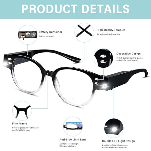 Reading Glasses with Lights Bright LED Readers with Lights Magnifier Glasses for Reading Fashion Blue Light Blocking Glasses Magnifier Nighttime Reader Women Men Clear Vision Lighted Eye Glasses+2.0 - size: +200
