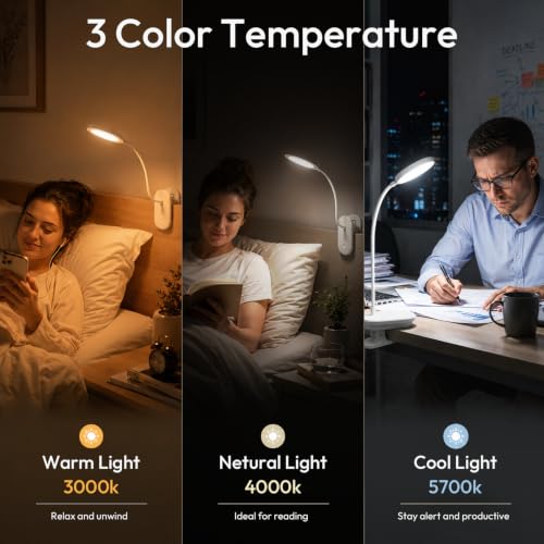 Clip on Light, Stepless Dimmable & 3 Colors Touch Control Clip On Bed Light. Dorm Room Essential 2600mAh Rechargeable Battery Powered Lamp. Flexible Clip On Lamp for Desk/Bedside/Headboard - color: White