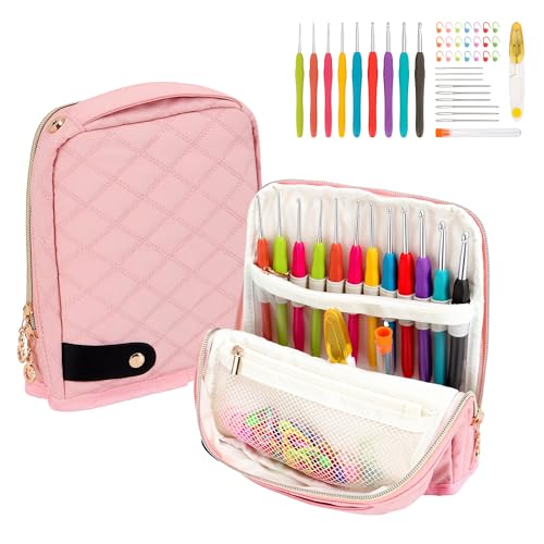 BAGCRAZY Stand-Up Crochet Hook Case Organizer, Travel Craft Holder with Phone Pocket, Quilted Bag with 9 Hooks, Needles & Scissors, Gift for Crochet Lovers - color: Pink