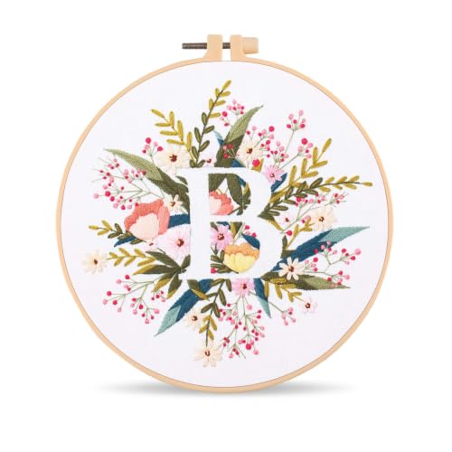 Harimau Letter B Pattern Embroidery Kit for Adult Beginners, Complete Starter Pack with 1 Hoop, Needles, Instruction Guide & Embroidery Stitch Video Tutorials - color: White B