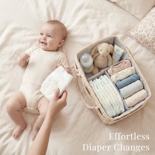 Konssy Baby Diaper Caddy Organizer, Braided Quilted Design with PU Handles - color: Beige