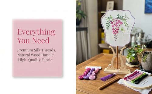QIZUOLIFE Embroidery Fan Kit for Beginners, pre-Printed Wisteria Pattern - style: Wisteria's Graceful Dance