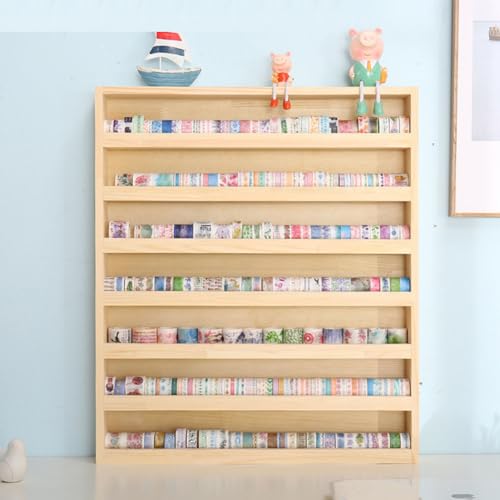 7 Layers Wood Washi Tape Box Organizer and Storage with Hanging Hook, Desktop Tape DIY Sticker Roll Holder, Divider Closet Container Holder for Sewing and Thread - color: 7 Layers