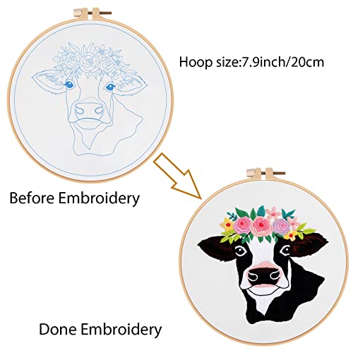 Louise Maelys Cow Beginners Embroidery Kits,Cross Stitch Starter kit for Adults with Embroidery Cloth Hoop Needles Instruction and Threads - color: Kit-16