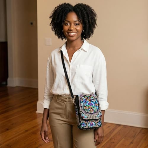 Embroidery Flowers Canvas Crossbody Bag, Women Messenger Bag, Cellphone Pouch Purse - color: Purple