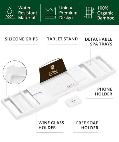 ROYAL CRAFT WOOD Premium Foldable Bathtub Tray Caddy - Wood Bath Tray for Tub, Bamboo Shelf, Expandable Bath Table Trays, Bathtub & Bathroom Accessories for New Home & Mothers, Birthday Gifts for Mom - color: White