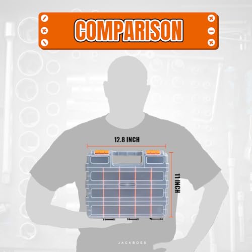 Jack Boss Tool Box with Transparent Lid, Double Side 34-Compartments Organizer Box with Removable Dividers for Hardware, Screws, Bolts, Nails, Beads, Jewelry and Fishing Accessories, Orange, 1 Pack - color: Orange, size: 1 PACK