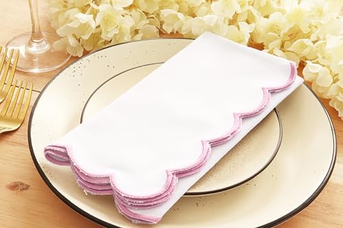 PurpleEssences Scalloped Cloth Napkins 18x18 in - White Edges Blush Pink - color: White(edges- Blush Pink)