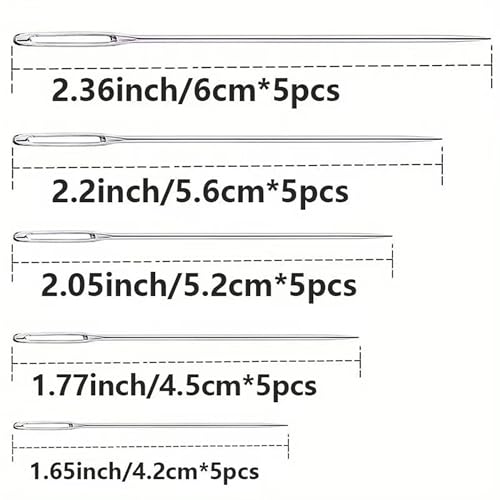 25PCS Large Eye Sewing Needles, 5 Sizes Steel Needles for Hand Sewing, Leather Needles, Stainless Steel Yarn Knitting Needles with Threaders for Handsewing Art Crafts