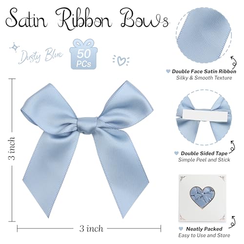 Self Adhesive Dusty Blue Satin Ribbon Bows for Crafts 3", 50 Pack - color: Dusty Blue