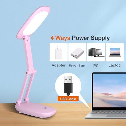 Akejrym LED Desk Lamp for Office Home & Battery Operated Lamp Rechargeable Lamp Foldable & Portable Light, [2-Fold Bracket] 3 Brightness Dimmable Small Desk Lamp Wireless Reading Lamp (Pink) - color: Pink