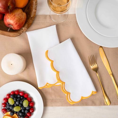 Blue Needles Cotton Scalloped Embroidery Cloth Napkins 17X17Inch - Set of 4 - color: White(edges - Golden Yellow)