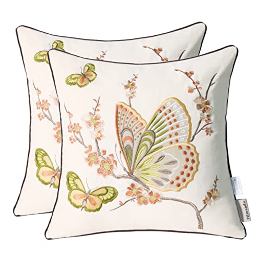 Set of 2 Embroidered Decorative Throw Pillow Covers Couch Square Pillowcases Cushion for Bedroom Sofa Farmhouse Decor 18x18 Inch (Brown Butterfly) - color: Brown Butterfly