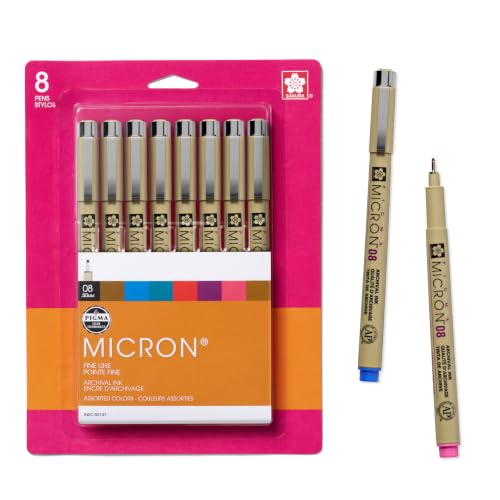 SAKURA Pigma Micron Fineliner Pens, Assorted Colors, 08 Tip, 8 Count - style: 08 Tip (Pack of 1)