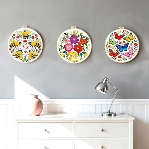INFUNLY 4 Pack Pink Flowers Embroidery Starter Kit for Beginners Colorful Butterfly DIY Embroidery Kits for Adults Stamped Needlepoint Set with Step-by-Step Instructions Threads Craft Lover Gift - style: Pink Flowers