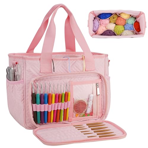 Dadanism Crochet Bag Organizer, Yarn Bag with Handle & Shoulder Strap - color: Pink