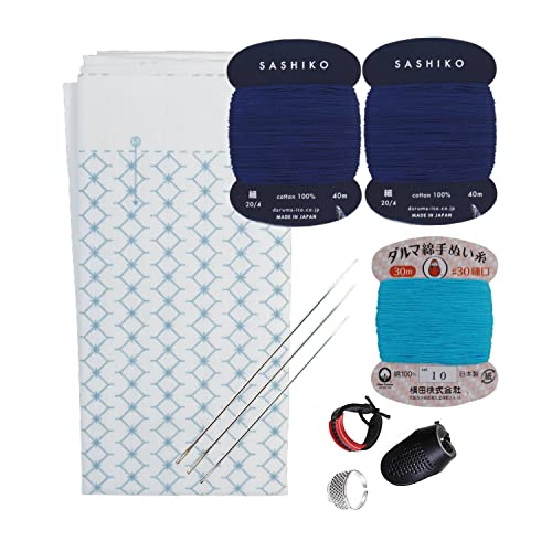 Daruma Hitomezashi Sashiko Kit – Premium Japanese Made Needle and Thread Kit with Sashiko Fukin, Thread, Needles, Thimble – Ready to Use Set (Joined Diamond Pattern) - color: Joined Diamond Pattern