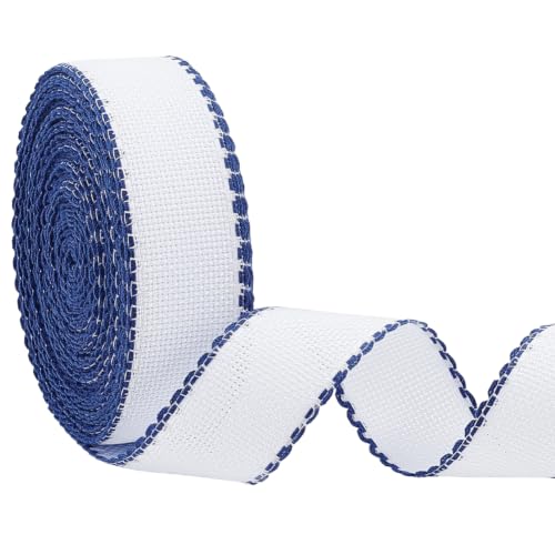 BENECREAT 14.8Yard x 1.4In Aida Band with Prussian Blue Edge, Cross Stitch Embroidery Band for Home Embroidery Decoration, Bookmark, DIY Crafts - color: Prussian Blue