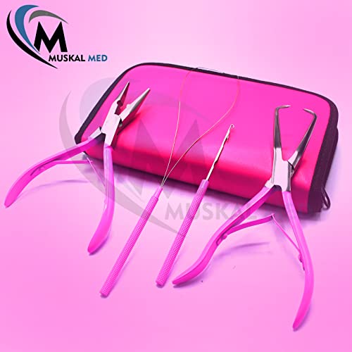 Professional Hair Extension & Beading Tool Kit Remove Plier Set for beads (4 Piece) I-Link Micro Ring Loop Needle Pulling Hook Threader Wire for Silicone Rings (Hot Pink) - color: Hot Pink