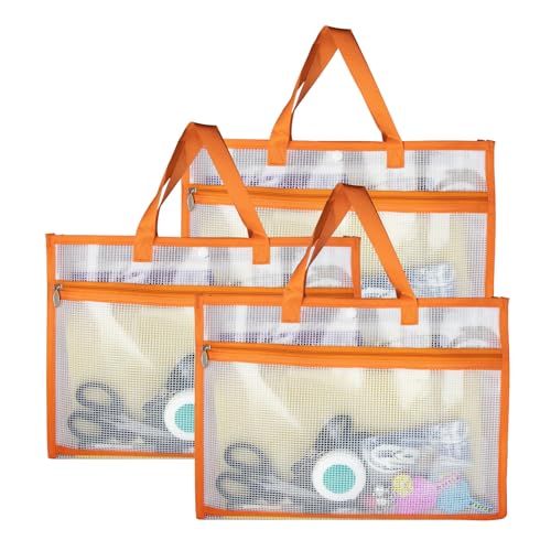 3 Pcs Portable Project Bags for Quilting Knitting, Stitching and Embroidery Projects Storage, Sew Project Bag with Zipper and Double Pockets, Transparent Mesh Sewing Project Bag for Crafter - size: 3 Pack