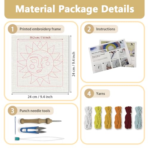 Doodlream Sun and Moon Needle Kit for Beginner, 9.4"x 9.4" Cartoon Face Punch Stitching Craft Set, Color DIY Embroidery Starter with Printed Frame, Instruction, Threader, Yarn, Pinch Needle - color: Sun and Moon