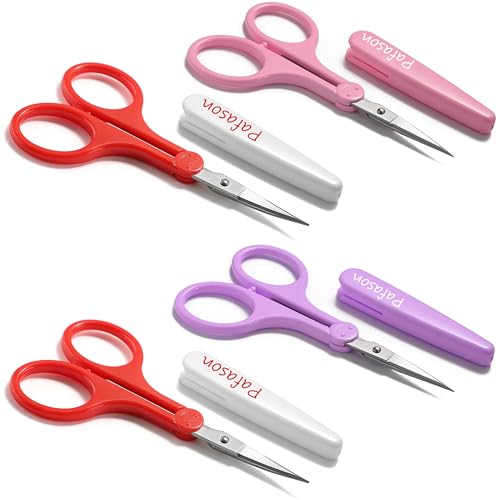 PAFASON Small Travel Sewing Crafting Scissors Set Straight Curved Tip - color: Straight 4in Pinkpurple + Curved 3.5in Red