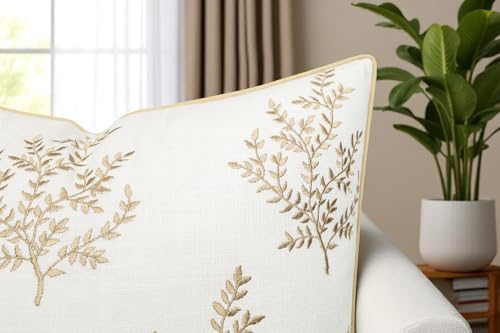 VAGMINE Embroidered Fern Leaf 20x20 Throw Pillow Cover, Ivory - color: Ivory-leaves, size: 20" x 20" (Pack of 1)