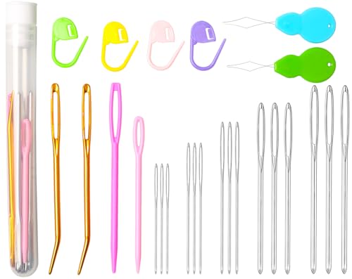 Hekisn 25Pcs Large Eye Blunt Yarn Needles Kit, Assorted Sizes Bent Tapestry Darning Needle & Stitch Markers & Threaders for Knitting, Crochet (White) - color: White
