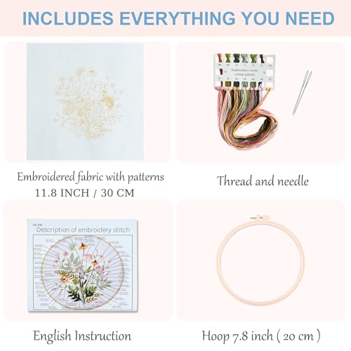 Silentsea Floral Embroidery Kit for Beginners – All-in-One DIY Stitching Set with Pre-Printed Fabric, Hoop & Threads – Perfect for Relaxing Craft Lovers. - color: Floral Pattern