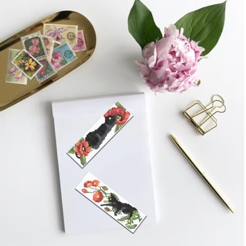 FREEBLOSS 6 Set 11CT Cross Stitch Bookmark Kits 8"x2.4" Cat&Flowers - style: Poppy&Cats
