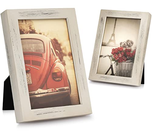 Emfogo 4x6 Picture Frame, Pack of 2 Photo Frame with Real Glass, Solid Wood Rustic Picture Frames 4x6 Display for Wall Decor (Vintage White) - color: Vintage White, size: 4x6 inch