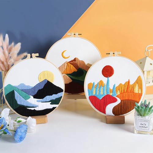 GLTAYLMY Embroidery Kits for Beginners Adults, Stamped Cross Stitch Kits for Adult Beginners Embroidery Starter Kit with Pattern, 3 Embroidery Hoop and Fabric, Needles Threads - color: Landscaping1