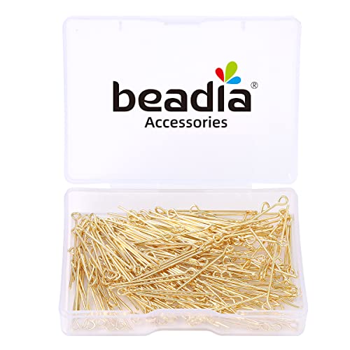 BEADIA 14K Gold Plated Open Eye Pins Non Tarnish 25mm 200pcs for Jewelry Making Findings - color: Open Eye Pins 14k Gold, size: 25x0.7mm