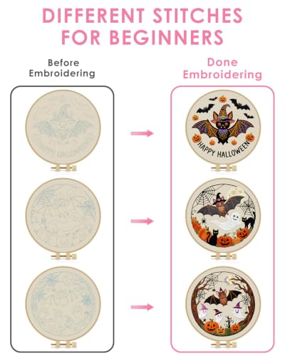 TINDTOP Halloween Embroidery Kit for Adult, 3 Pack Embroidery DIY Starter Kit, with Stamped Patterns, Hoop, Tools, Colorful Threads with Needles, Instructions - color: Halloween B