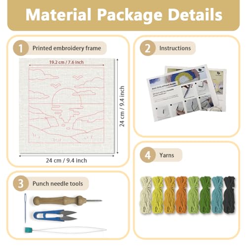 Doodlream Coastal Sunset Needle Kit for Beginner, 9.4"x 9.4" Cliffs Landscape Punch Stitching Craft Set, Color DIY Embroidery Starter with Printed Frame, Instruction, Threader, Yarn, Pinch Needle - color: Sunset
