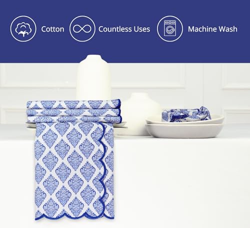 PurpleEssences Scalloped Cloth Napkins 18x18 in - Floral Paisley Edges Blue - color: Floral Paisley Edges - Blue