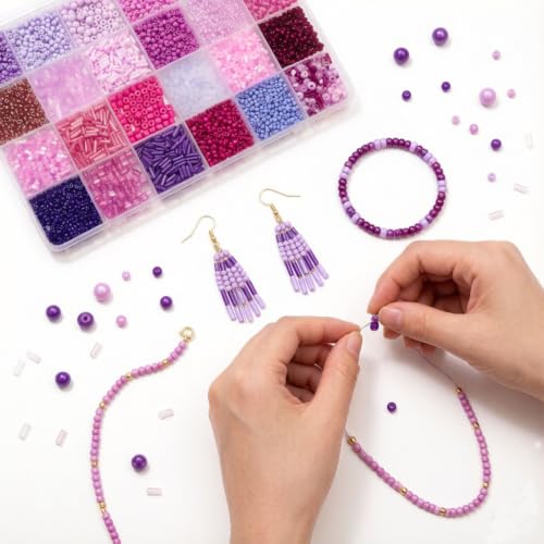 24 Grid Purple Glass Seed Bugle Tube Beads Kit for Jewelry Making DIY Craft - color: purple, size: 24 Grid