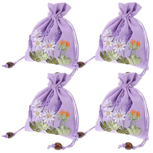 Hoement 4Pcs Embroidered Lavender Sachet Bags Small Drawstring Linen Brocade Pouches for Jewelry Storage Wedding Favor and Fragrance Packaging