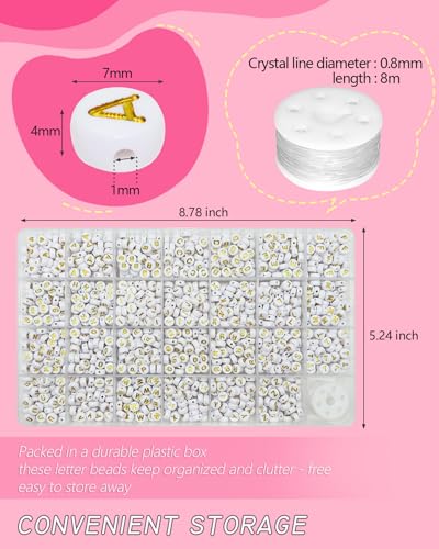 Looconi 1400pcs Letter Beads A-Z 4x7mm White On Gold Round Acrylic Alphabet Heart Beads and Beading Cord for Jewelry Making Bracelets Necklaces Key Chains - color: White&Gold, size: 7x4mm