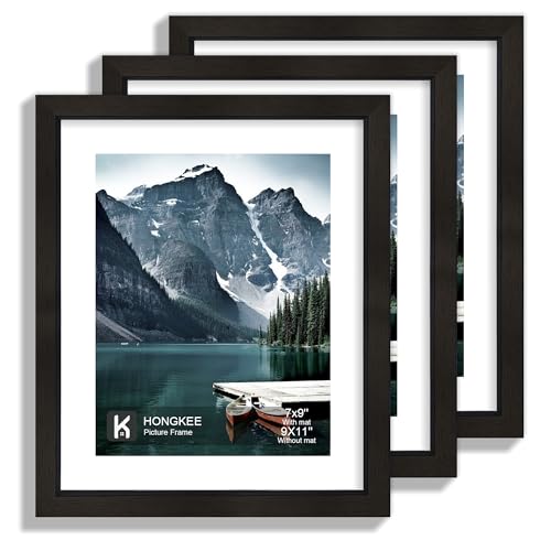 Hongkee 9x11 Picture Frame with Real Glass - Display Pictures 7x9 with Mat or 9x11 without Mat, Photo Frame for Wall or Table Top Display(Black, 3 Pack) - color: Black, size: 9x11 in