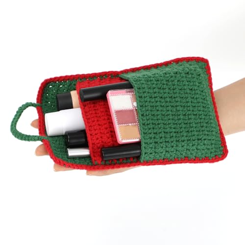 Handmade Crochet Bag Organizer,2-Layer Small Crochet Pouch for Women,Crochet Hook Storage & Knitting Project Bag,Green Red Crocheted Bag for Crochet Supplies,Scissors,Gifts for crochet lovers