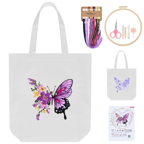 ERKOON Embroidery Canvas Tote Bag for Beginners, Needlepoint Arts Crafts Cross Stitch Kits for Adults Including Stamped Embroidery Bag with Hoops, Needle, Instruction and Color Threads (Butterfly) - color: Butterfly