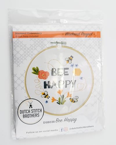 DUTCH STITCH BROTHERS Bee Happy Embroidery Starter Kit with Pattern and Instructions. Stamped Embroidery Kits with Embroidery Clothes with Pattern. 6" Embroidery Hoop - color: DSB038 Stamped fabric