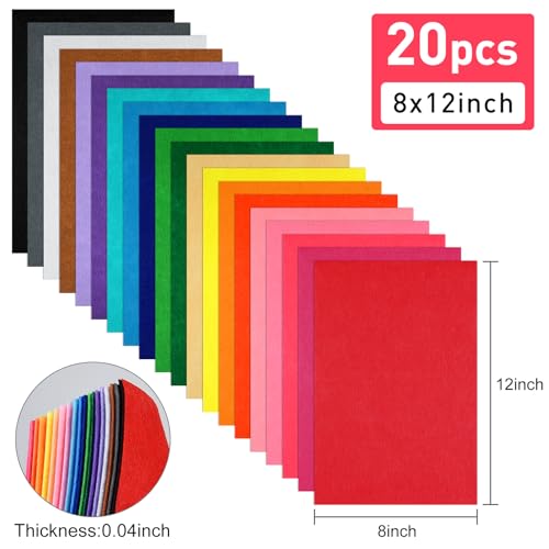 20 Pcs Felt Fabric Sheet 8" x 12" Assorted Color Felt Fabric Sheets for Crafts DIY Handcraft Sewing Squares Patchwork Nonwoven - color: Different Colors