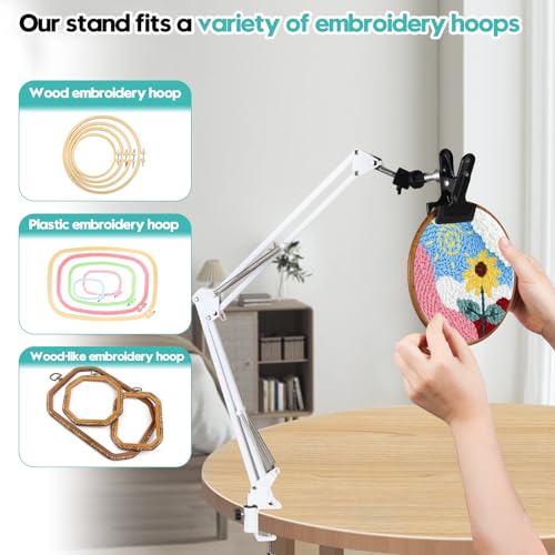Embroidery Hoop Stand Adjustable Embroidery Stand Metal Embroidery Hoop Clamp Table Stand Suitable for Embroidery Hoops and Phone or Ipad(White) - style: White