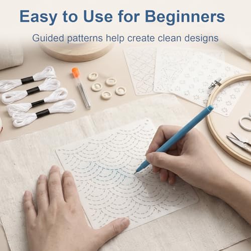 24 Pcs Sashiko Stencils, Plastic Sashiko Template Patterns with Thimble, 9 Needles, Thread, Needle Tube & Finger Cots, Geometric Embroidery Drawing Stencils for Hand Sewing, Washable