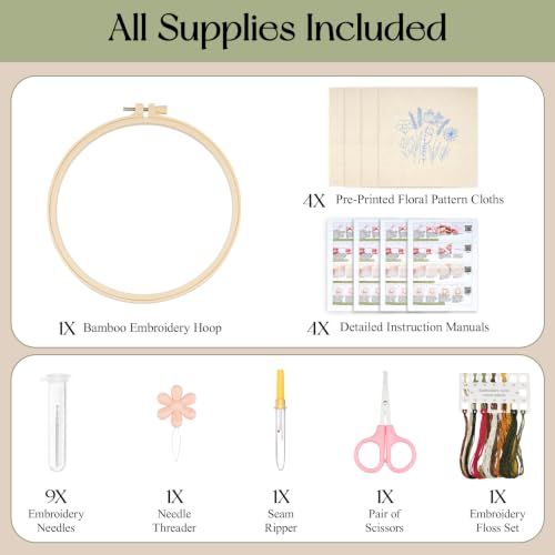 Dadanism Beginner Embroidery Kit for Adults, with Step-by-Step Video - style: Flowers